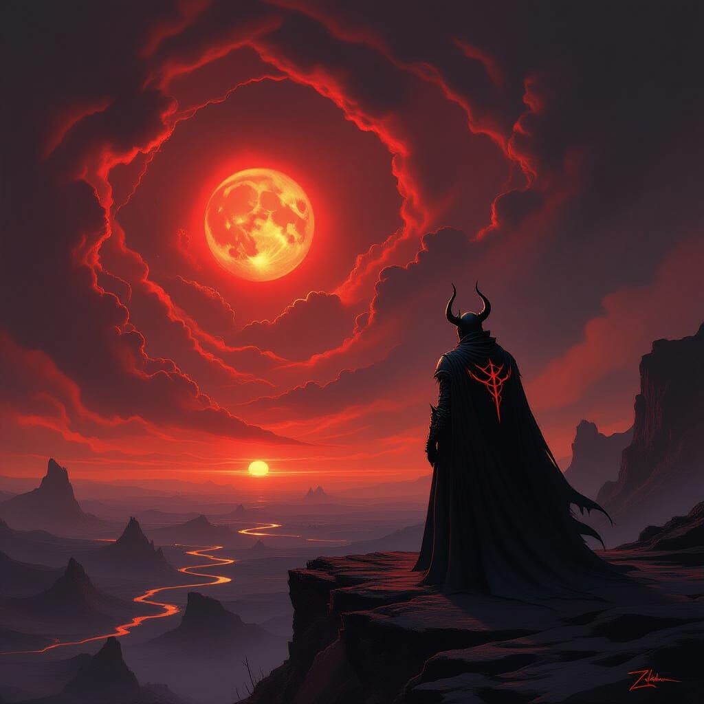 Demonic Figure Overlooking Volcanic Wasteland in Dark Fantas...