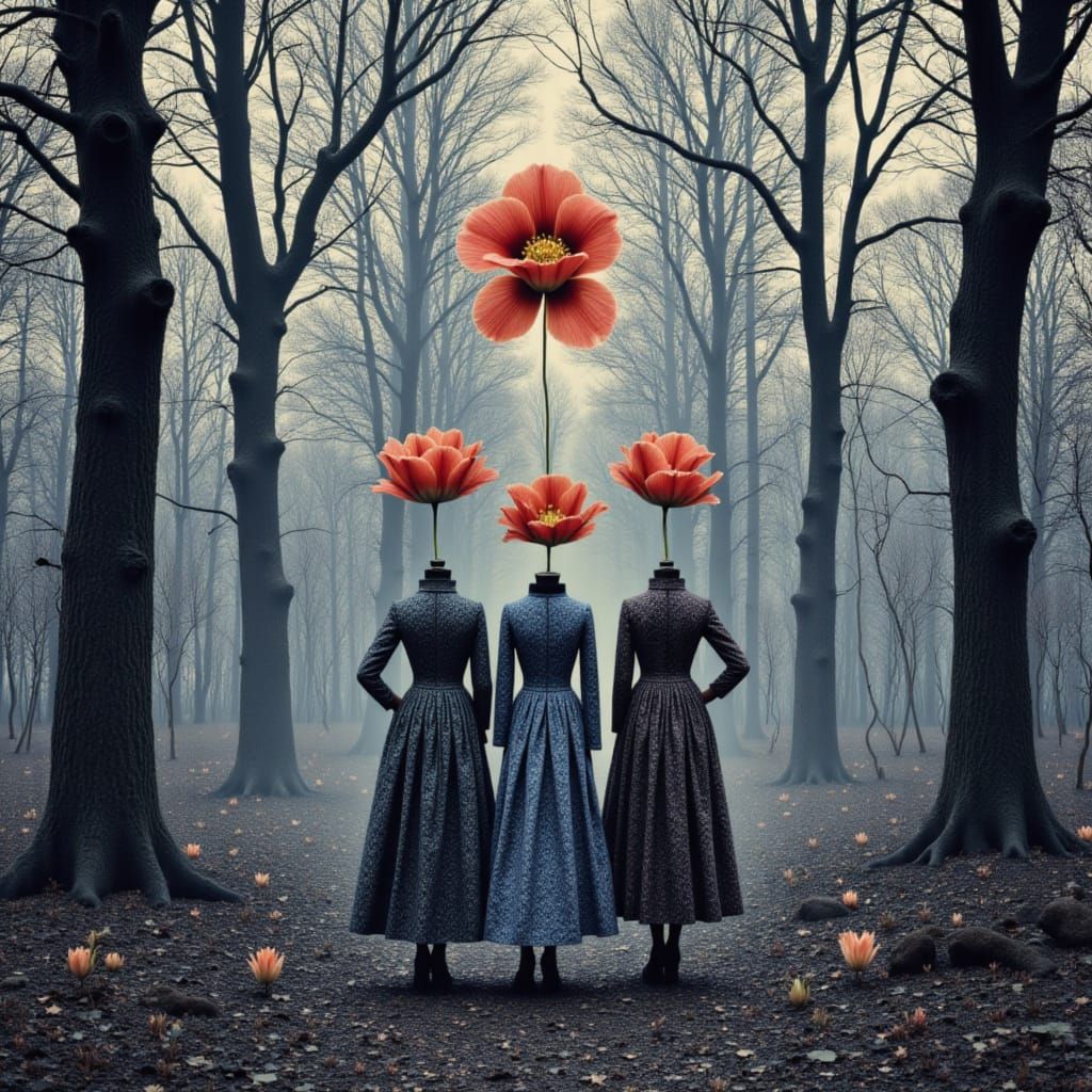 Victorian Women with Tulip Heads in Surreal Forest