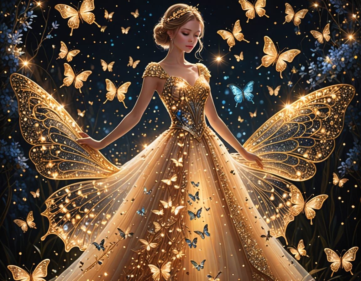 Glittering Butterfly Ball Gown in a Sparkling Night Sky