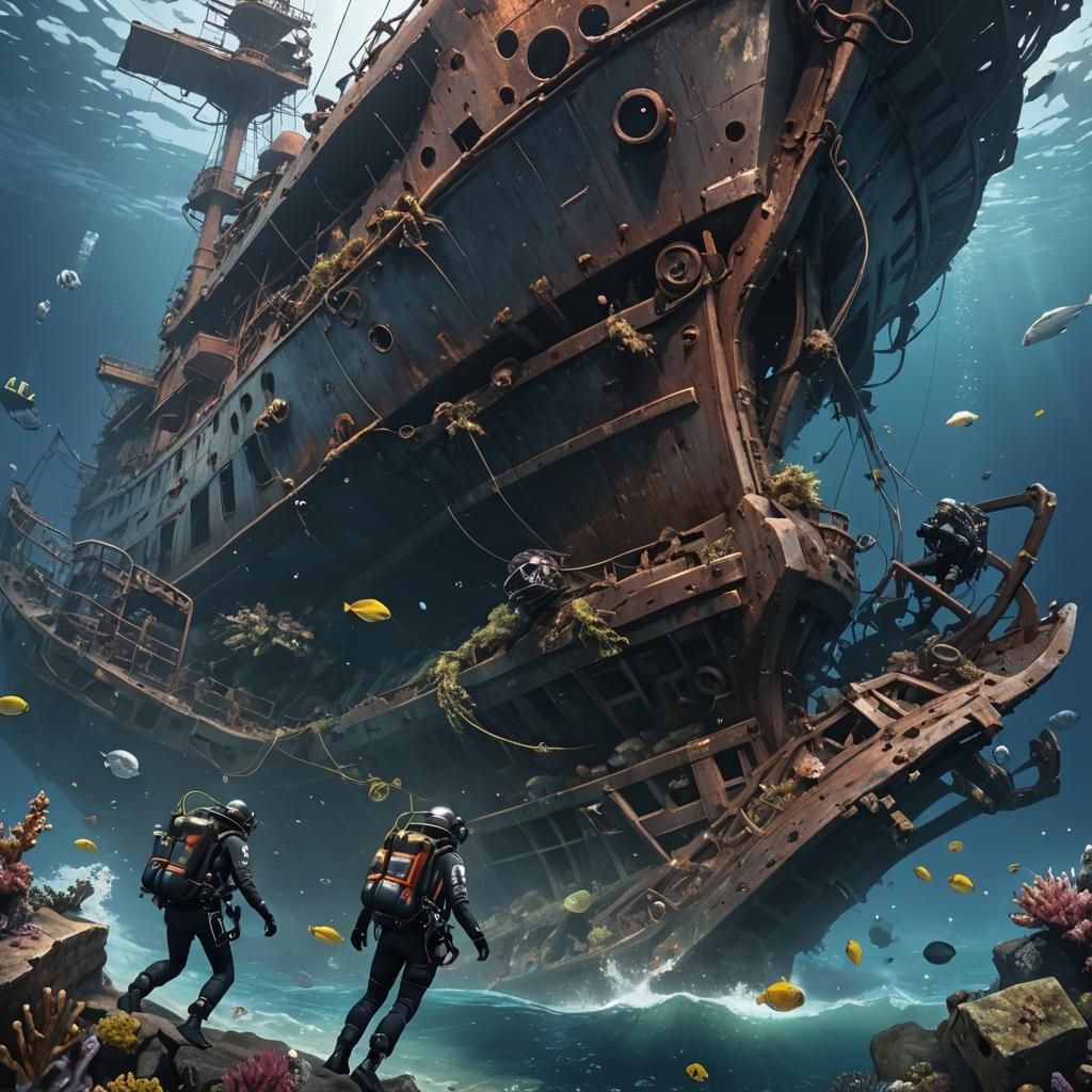 Deep Sea Shipwreck with Scuba Divers in 3D Anime Style