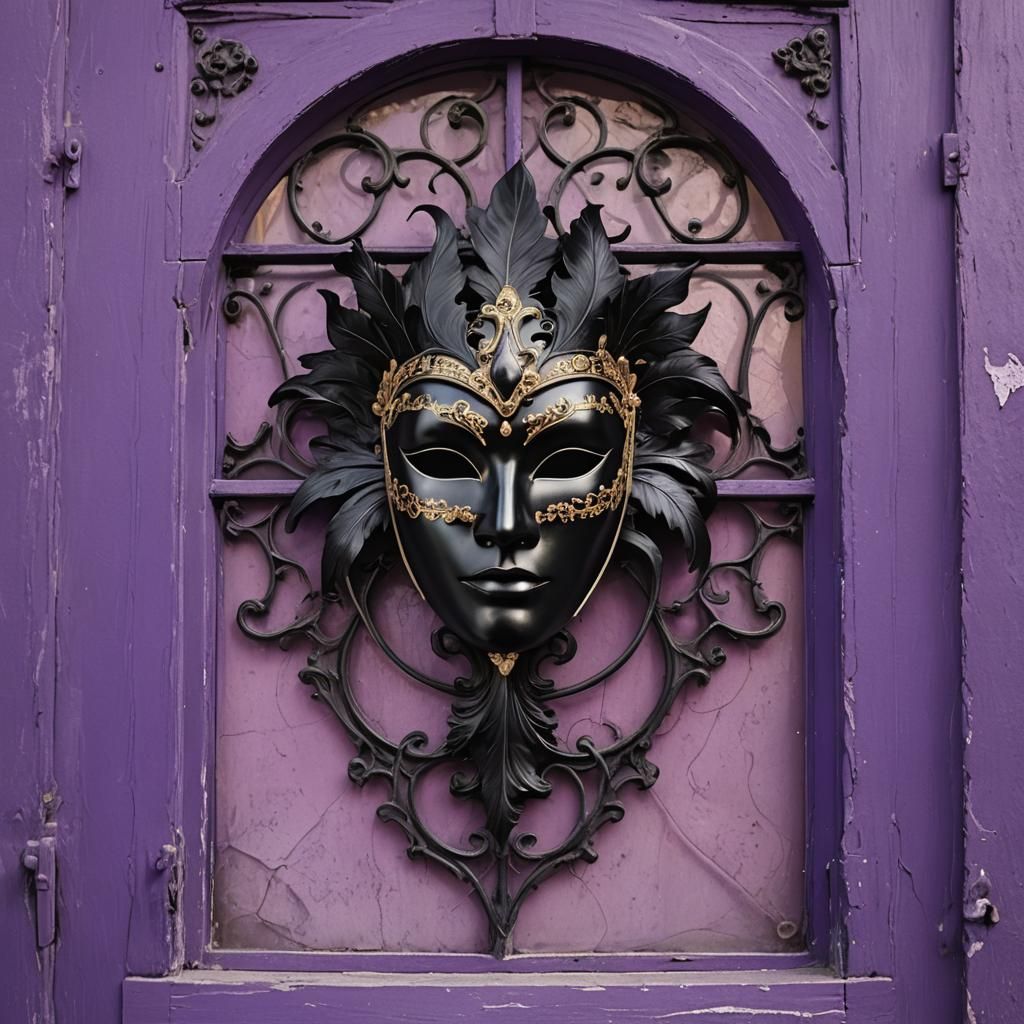 Elegant Black Venetian Mask on Purple