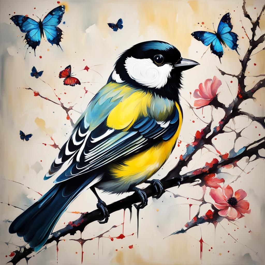 Great Tit in Flight: Kintsugi Splash Art