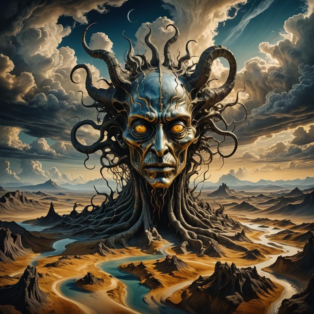 Surreal Biomechanical Creature in Dreamlike Landscape