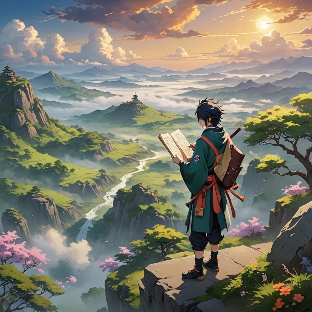Mystical Hero in Dreamy Landscape: Anime Concept Art