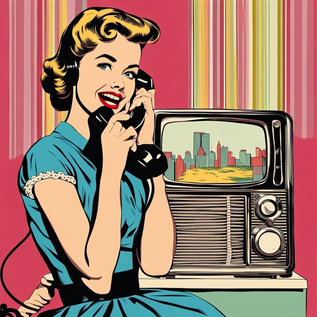 Pop art image of a 1950s girl talking on the phone and watch...