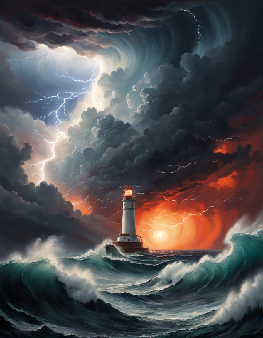 Dramatic Lighthouse and Frigate in a Fierce Storm Painting