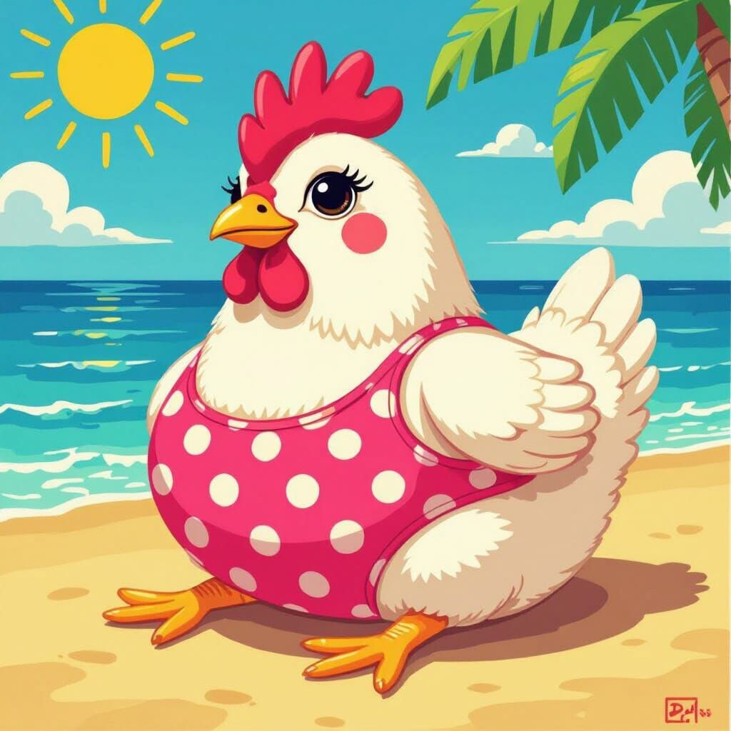Plump Chicken Lounges on Sunny Beach in Polka Dot Swimsuit