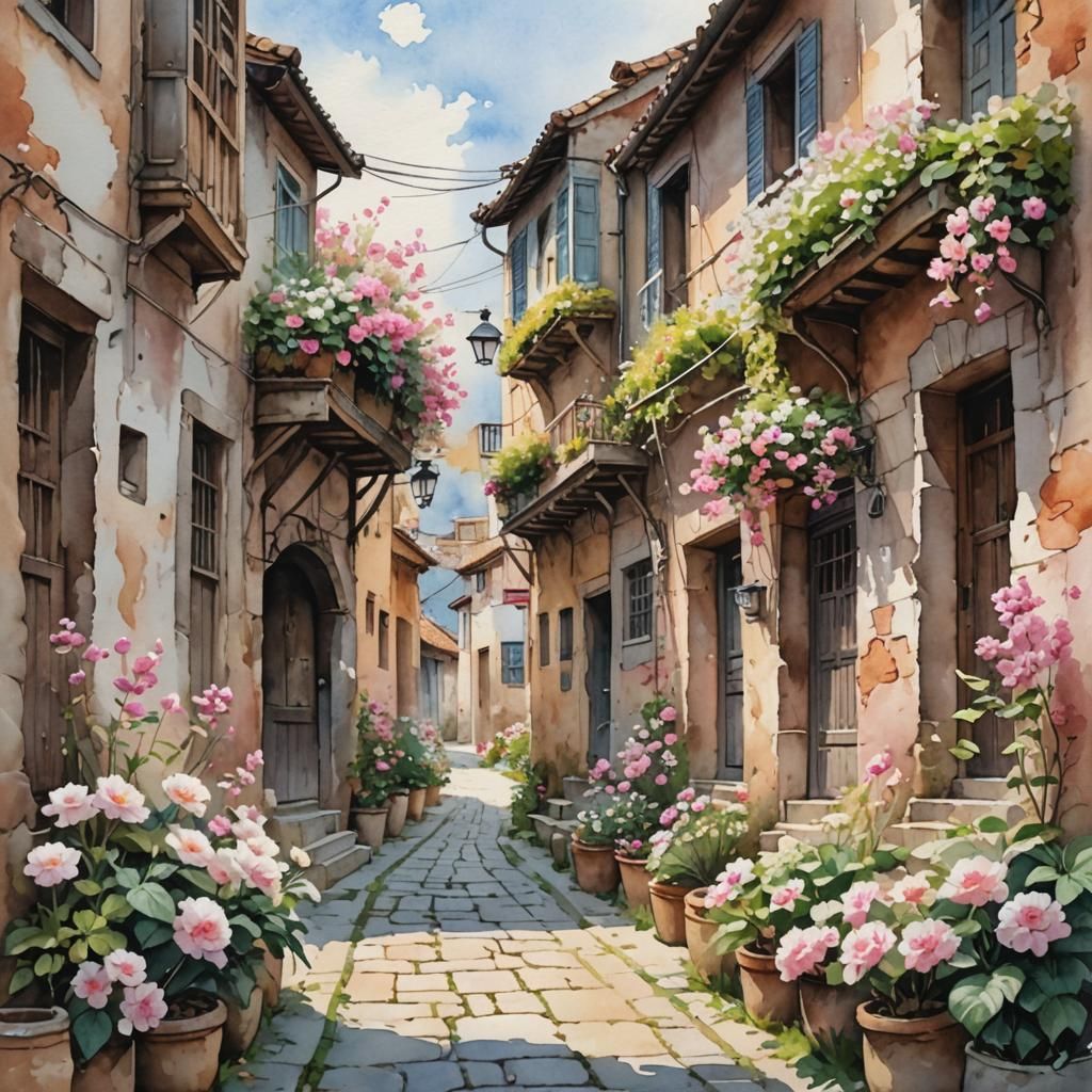 Ancient Building in Alley with Flowers: Watercolor