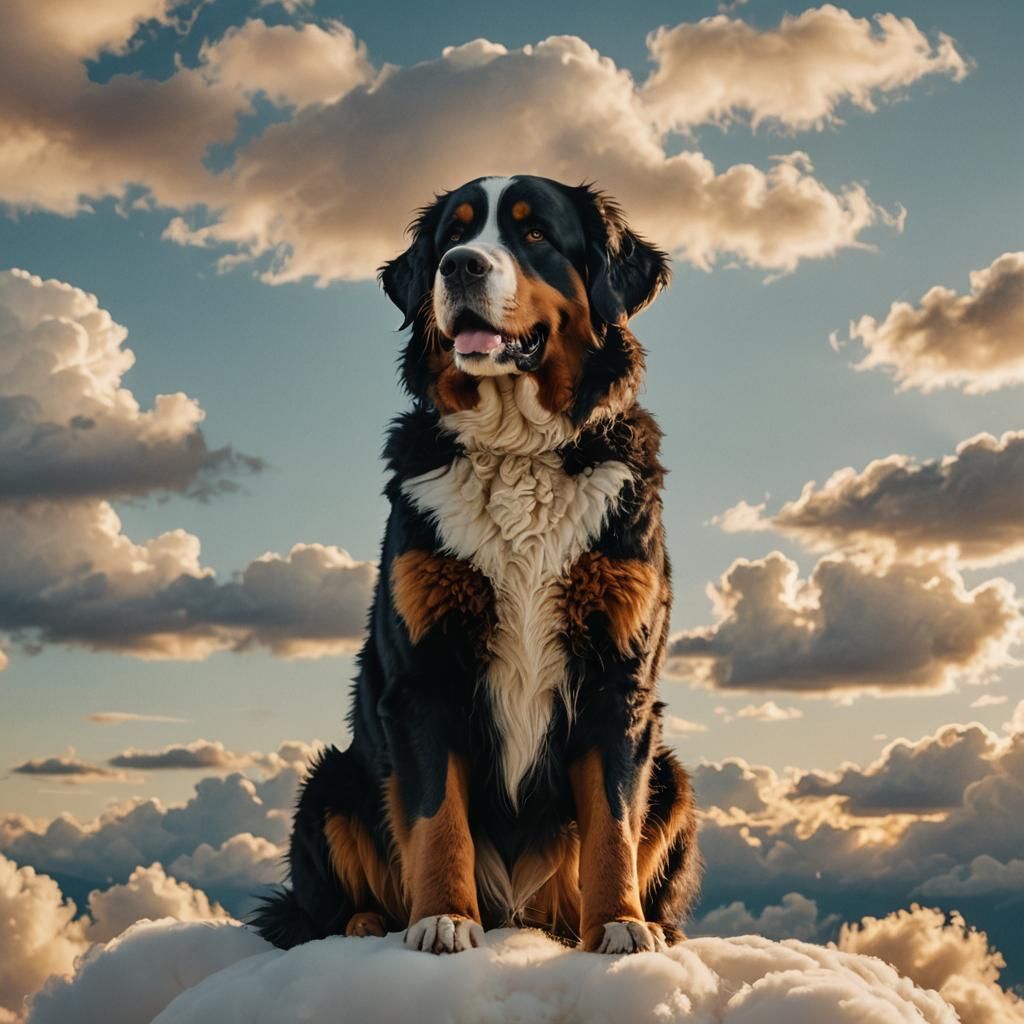 Bernese Mountain Dog on a Cloud in Golden Light