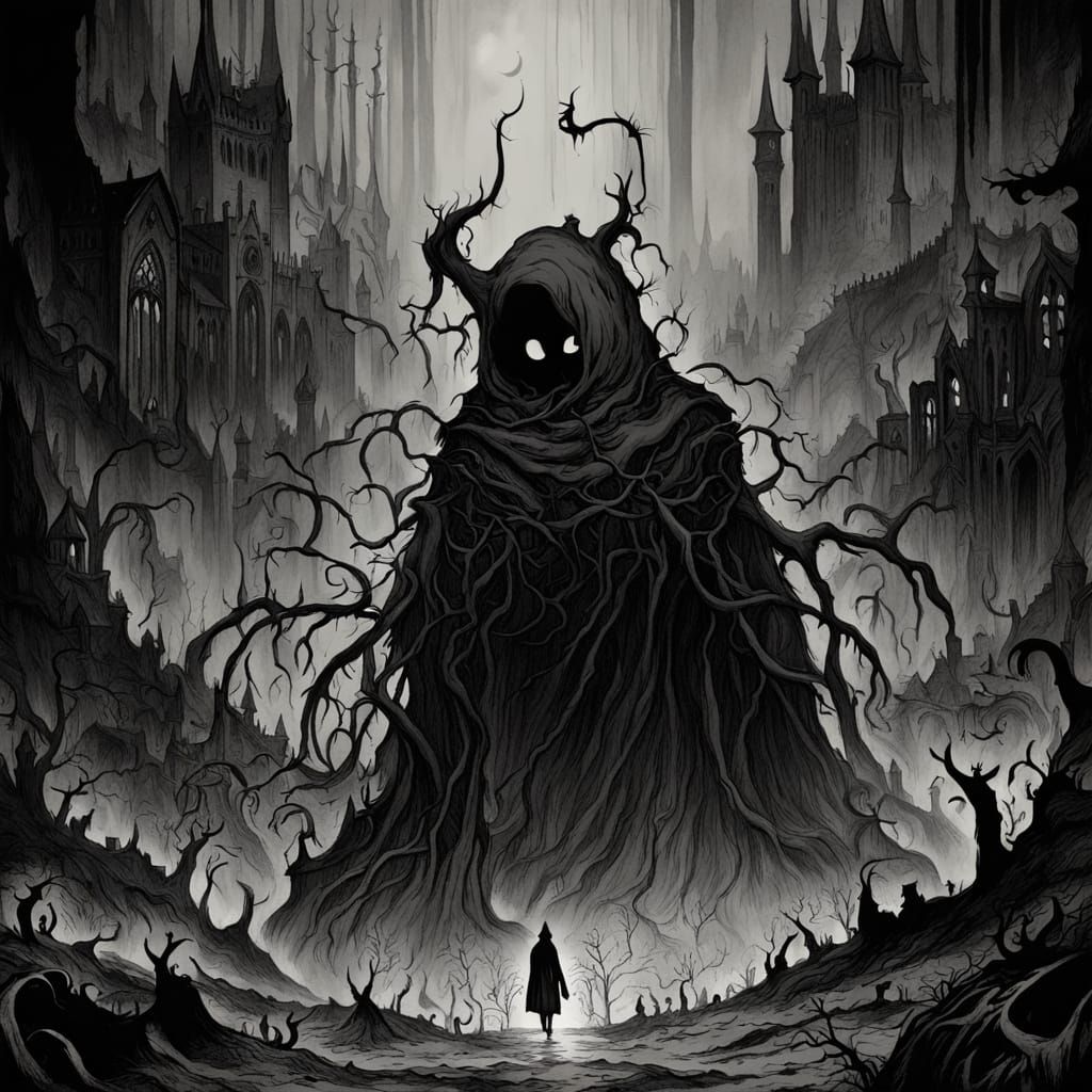 Surreal Dark Fantasy Guardian in an Abandoned Landscape