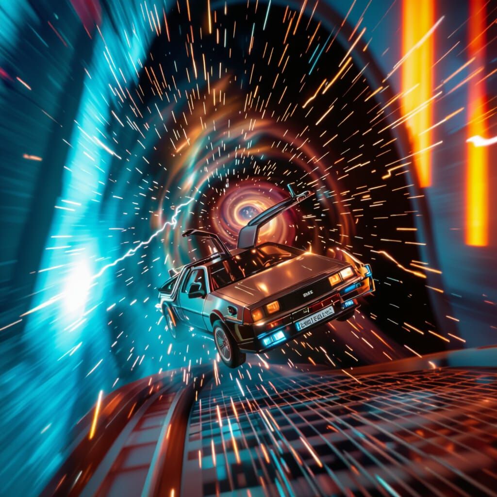 Hyper-Realistic DeLorean Time Machine Blasting Through Cosmi...