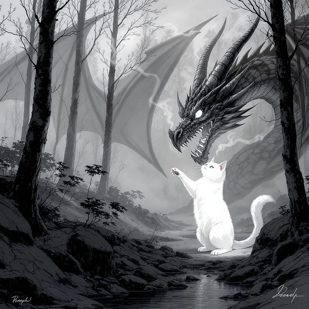 Cat Meets Dragon in Surreal Black and White Forest