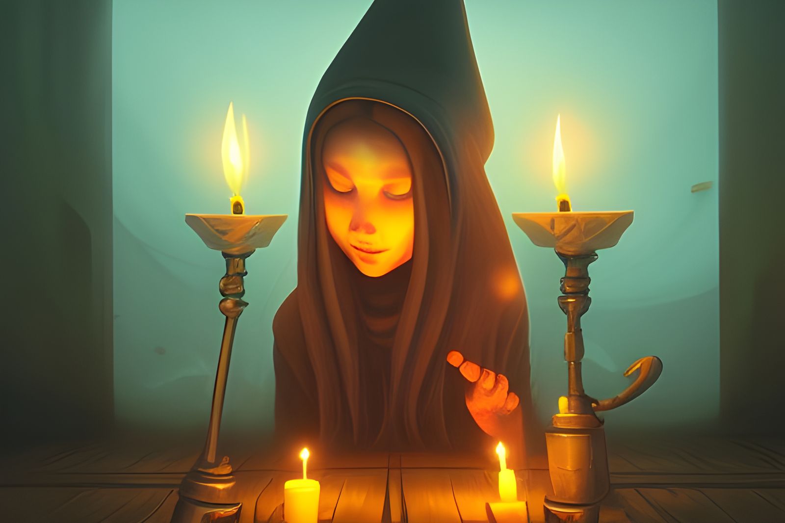 Young Witch Performs Ritual in Violet Light
