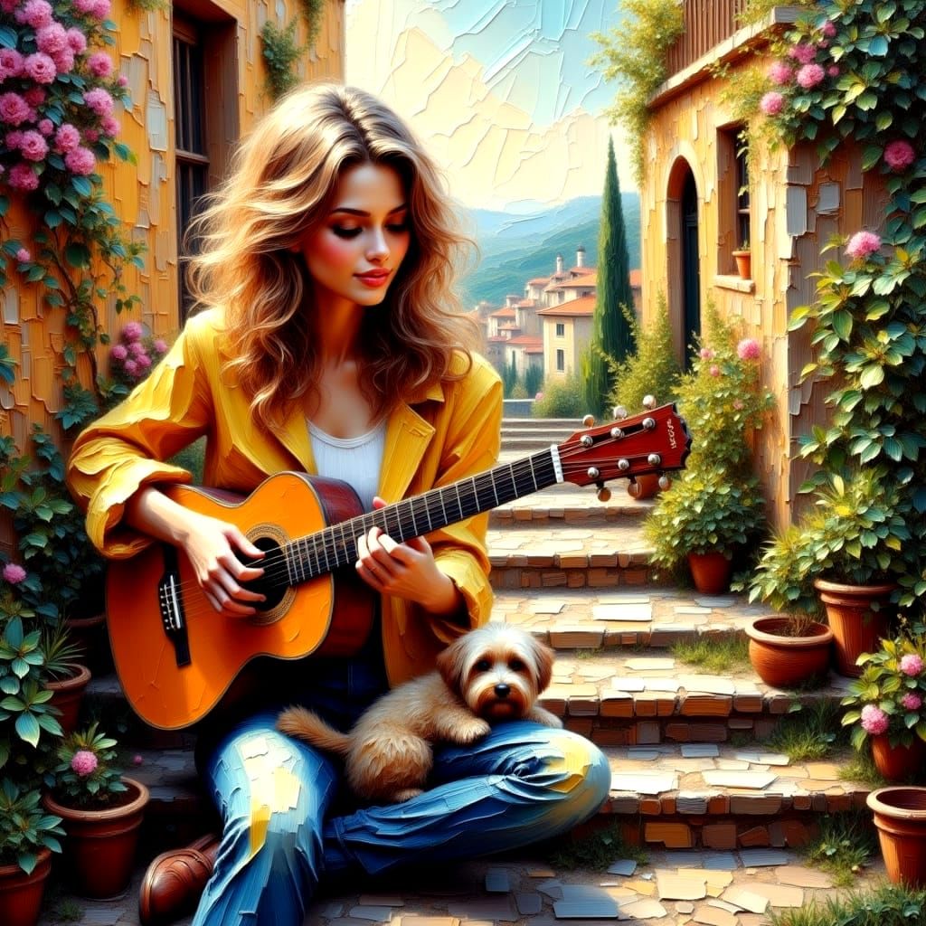 Vibrant Oil Painting of Happy Hippie Musician Girl with Dog ...