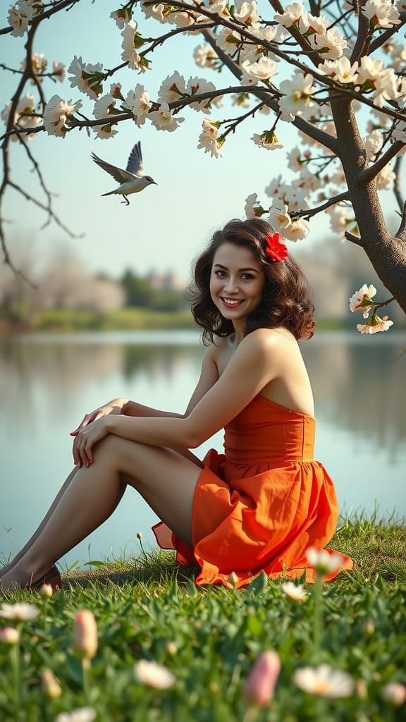 Spring Awakening Pin-up Girl by the Lake