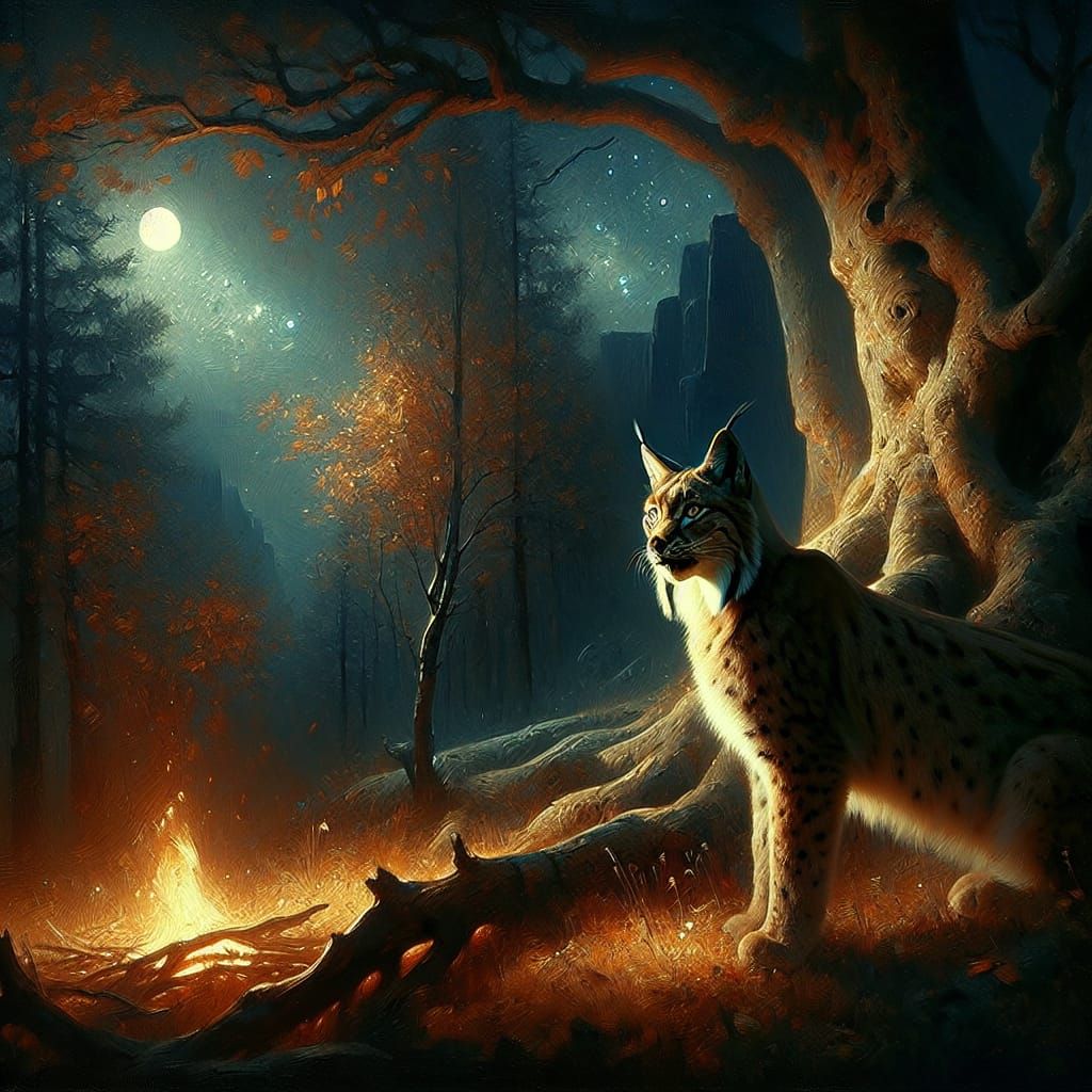 Ethereal Lynx in Autumn Night: a Digital Oil Painting