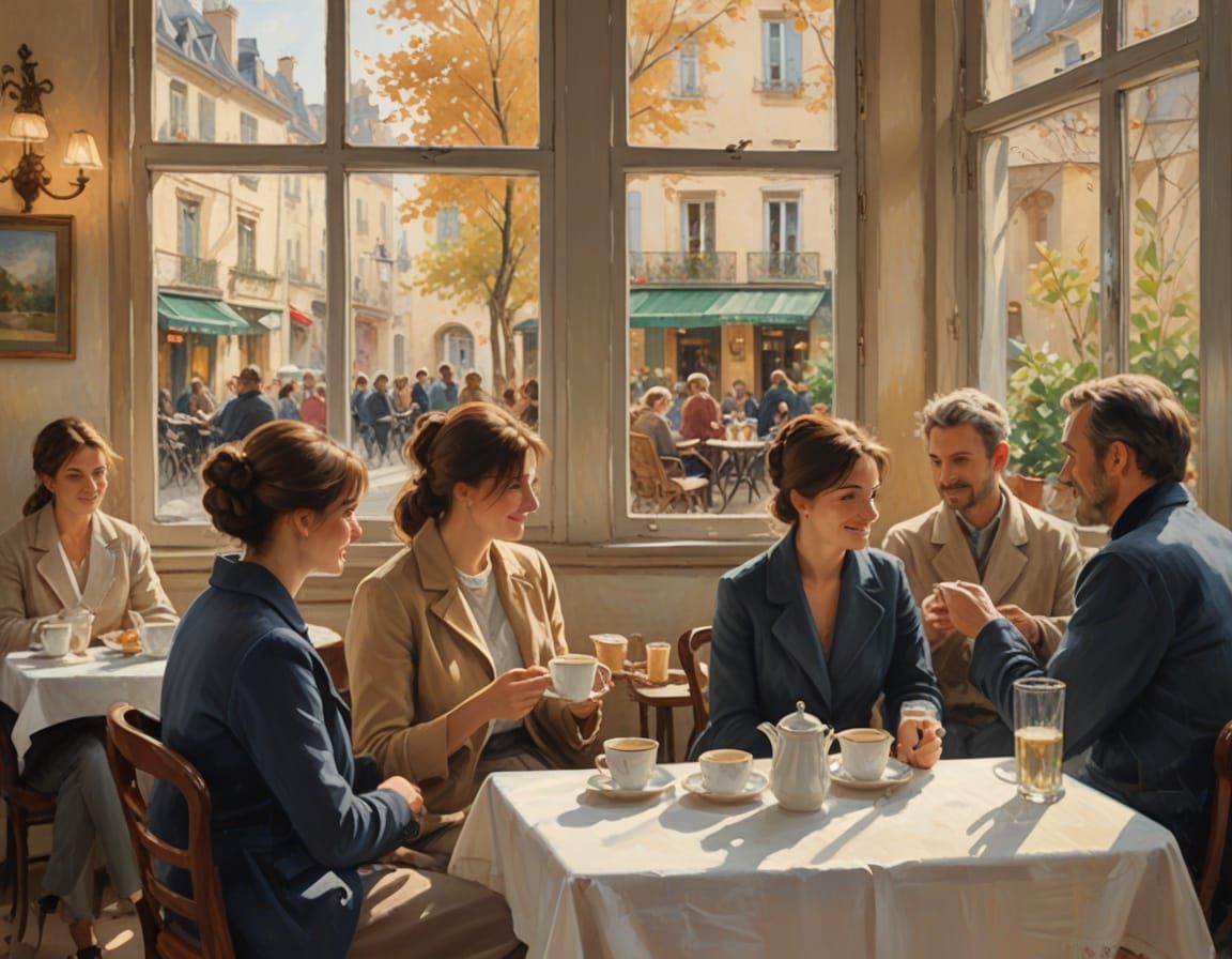 Cozy French Café Scene in Impressionist Style
