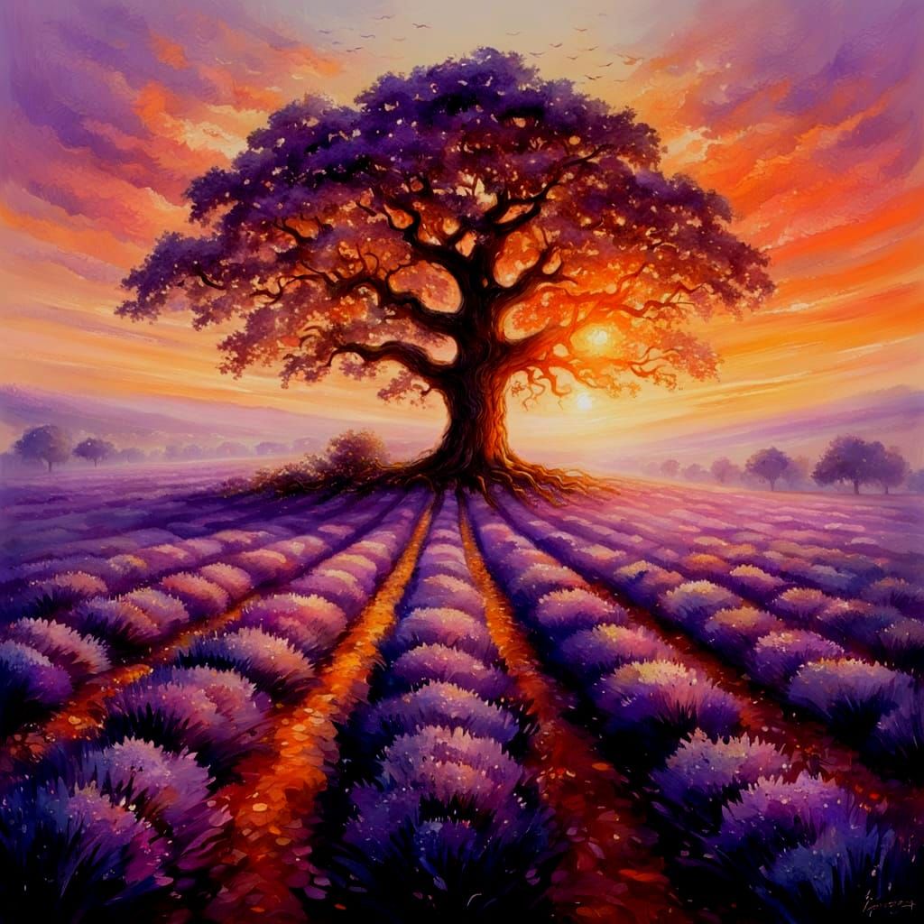 Lavender Field with Oak Tree Sunrise in Fantasy Art