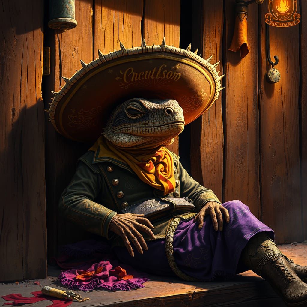 Lizard in Western Outfit Sleeps by Saloon