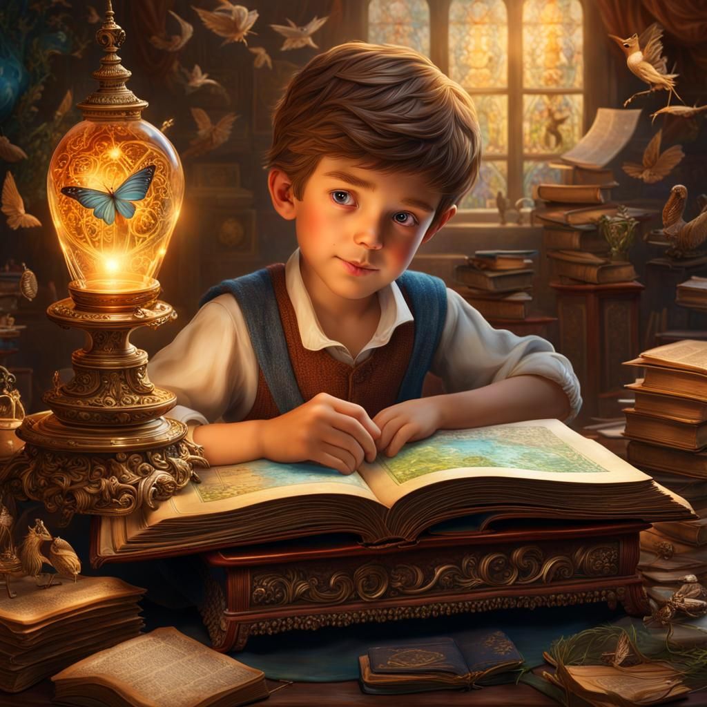 Boy Reading Book of Miracles: Fairy-Tale Illustration