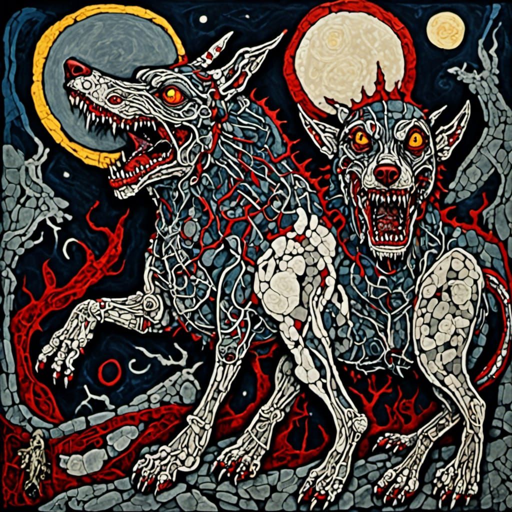 Three-Headed Hellhound Howling at the Moon