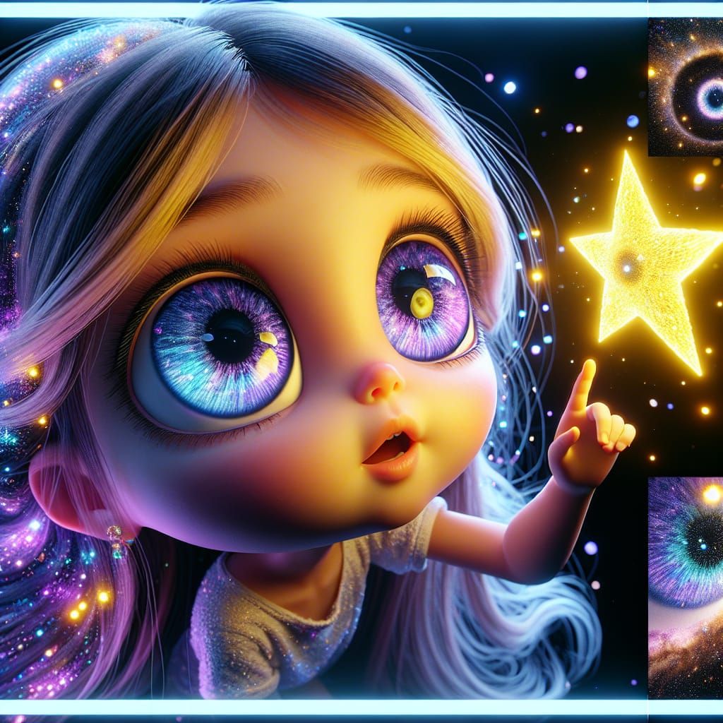 Charming Cartoon Girl Touching a Glass Star in Galaxy