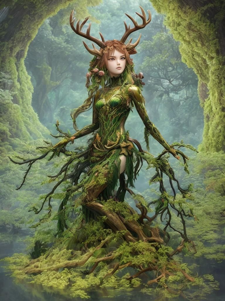 Dryad Humanoid with Deer Antlers in 3D Anime Art