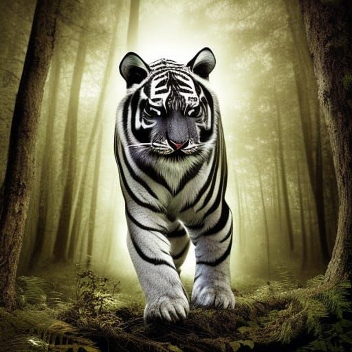 Detailed Black and White Tiger in Enchanted Forest