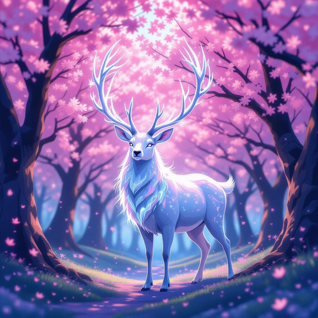 Bioluminescent Stag in Anime Style Cherry Blossom Grove
