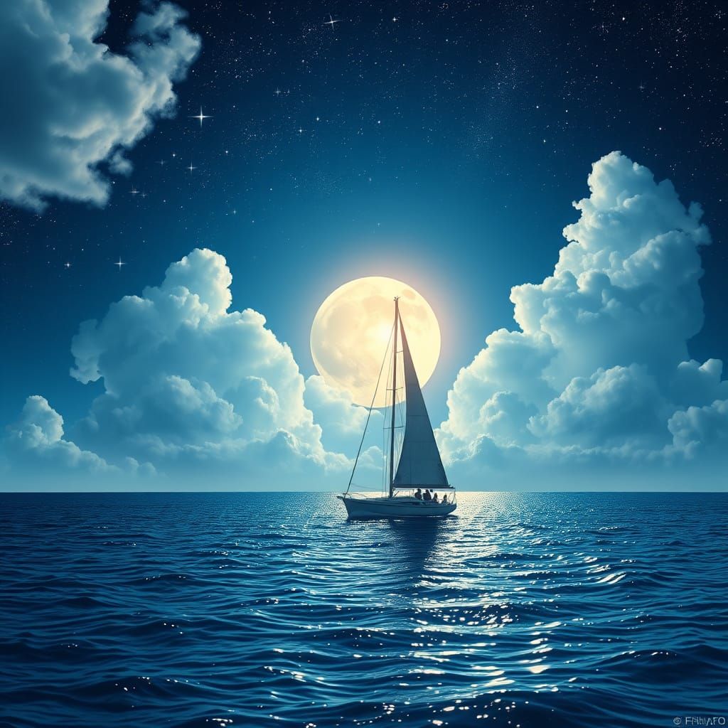 Tranquil Ocean Sailboat Under Starry Sky