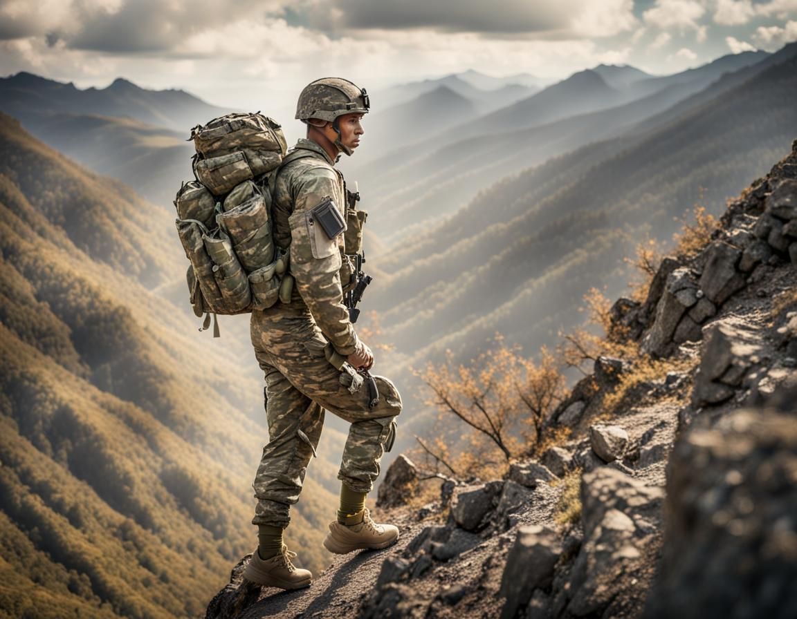 Resilient Soldier Ascends Mountain Hillside