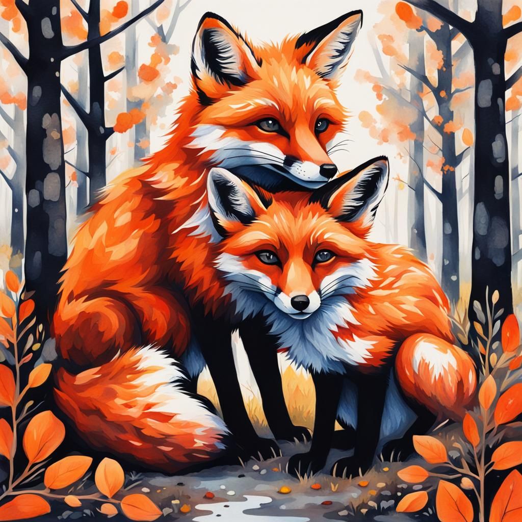 Fox Family Cuddle: Aetherpunk Gouache Street Art