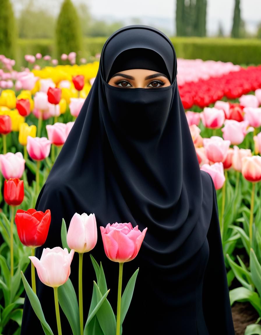Niqabi Woman in Rose Garden, Soft Colors