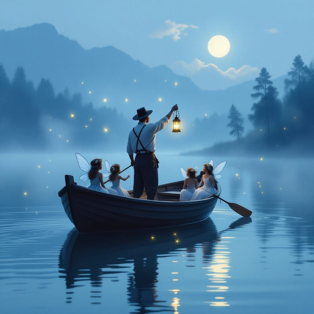 Man with Lantern Guides Sailors Home on Misty Lake with Fair...