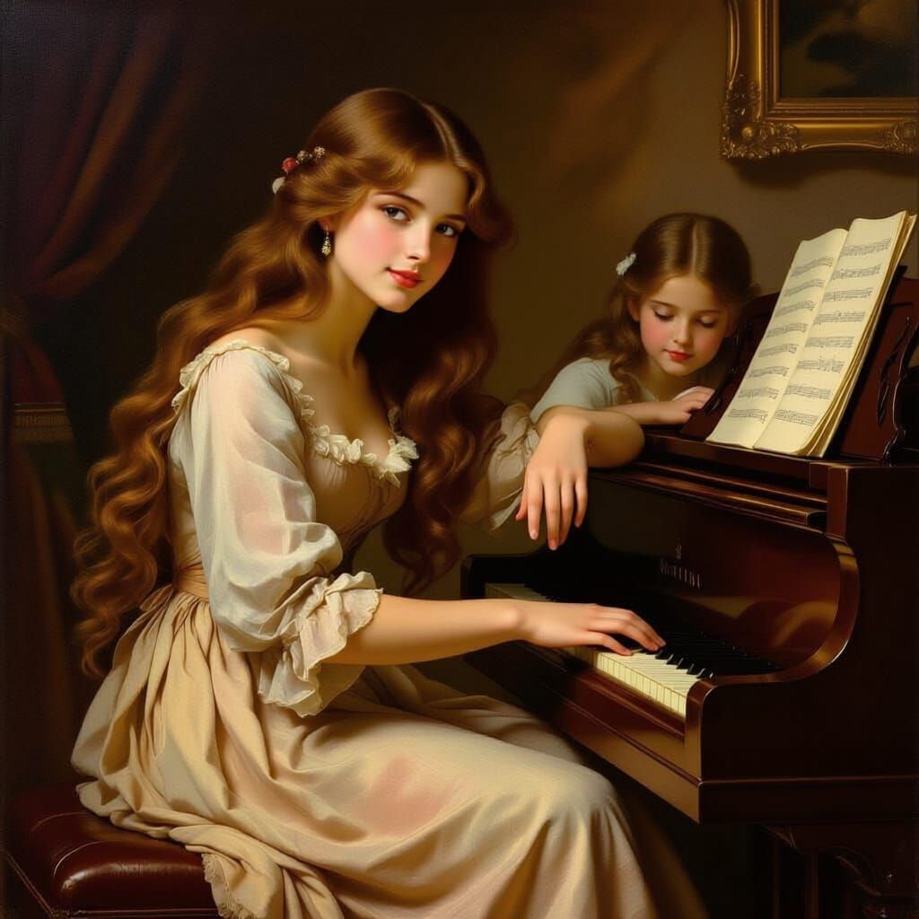 Regency Era Girls Learn Piano in Golden Light
