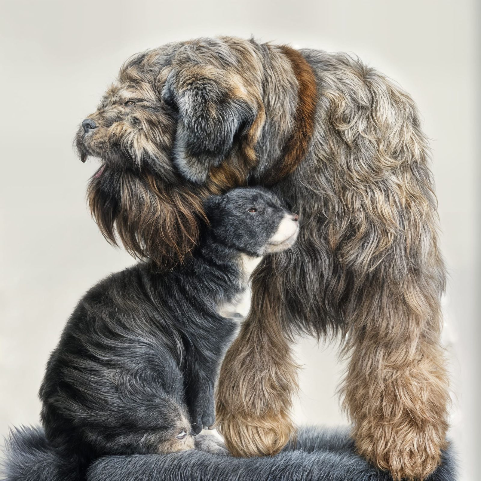 Affectionate Bouvier Dog Nuzzling Cat: Photorealistic Art