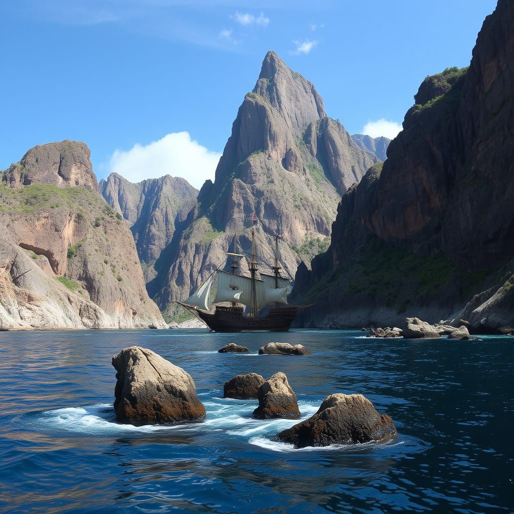 Mountain Island with Pirate Ship and Twisting Caves