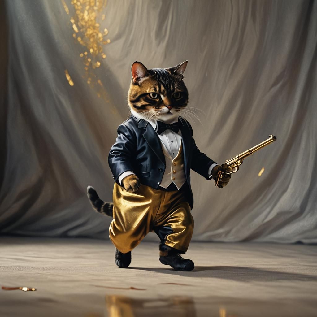 Hyperrealistic Fat Cat Assassin in Tuxedo