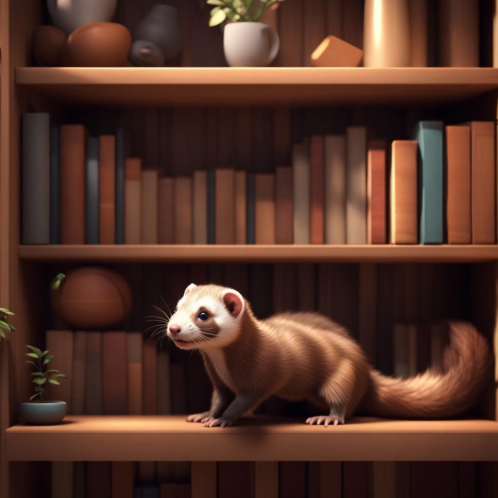Happy Ferret Adventures on a Bookshelf in 3D