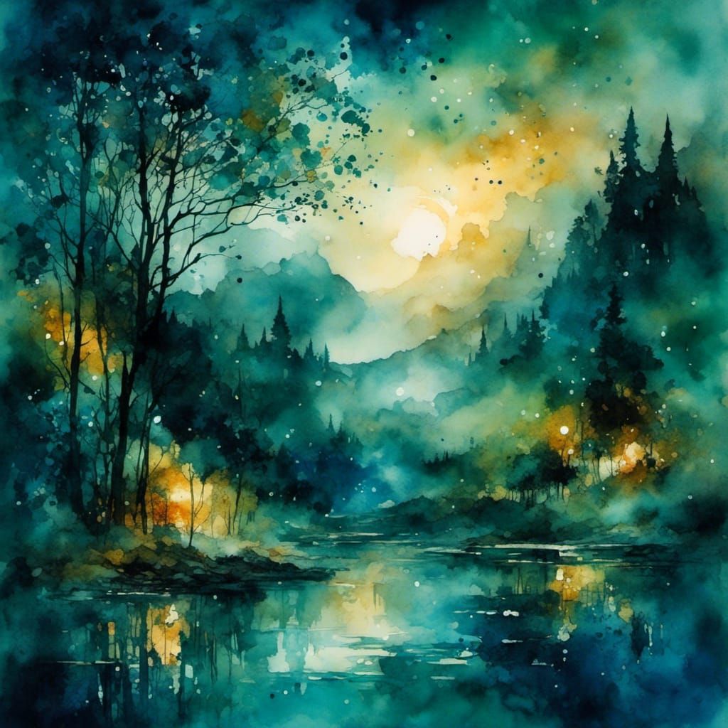 Misty Valley at Night: Watercolor and Ink Art
