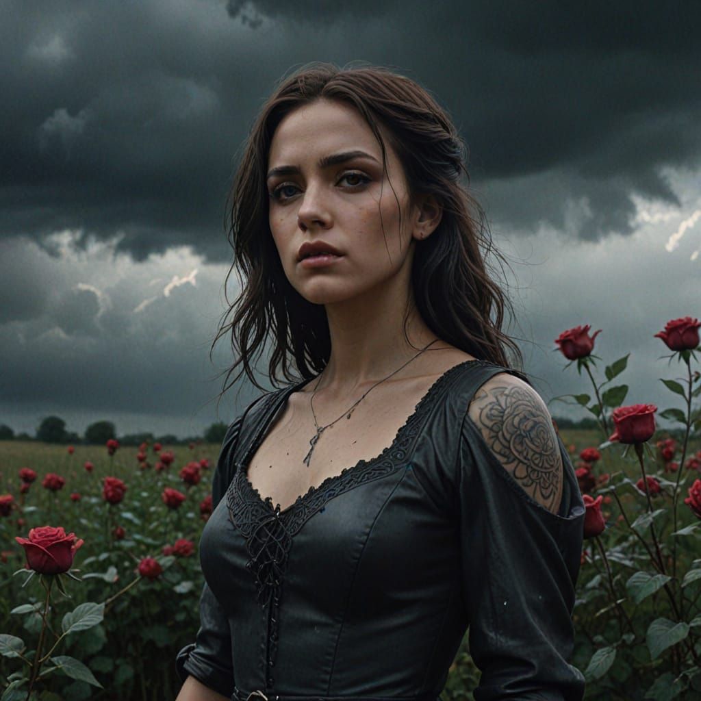 Ethereal Woman With Dark Tattoos in Rose Field