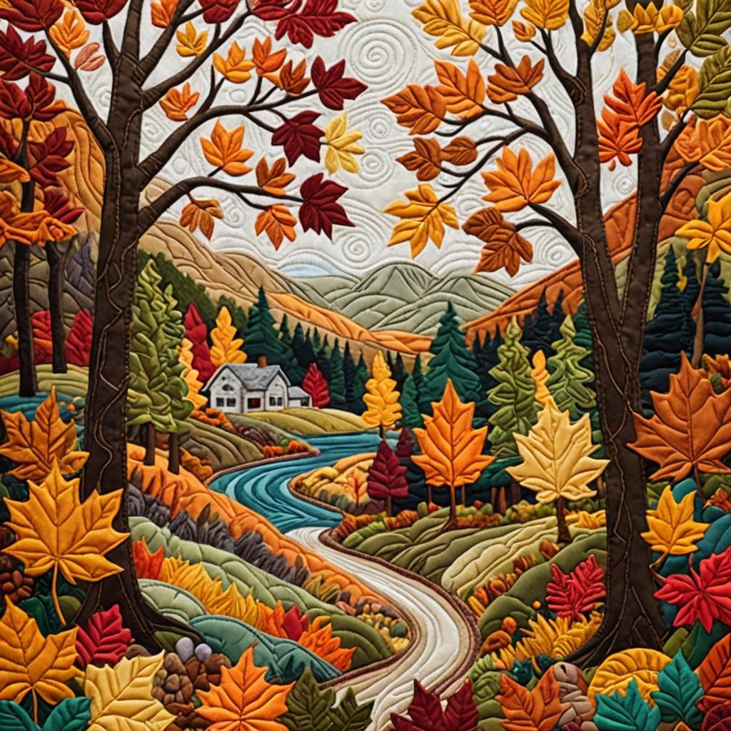 Embroidered Autumn Valley Quilted Nature Scene