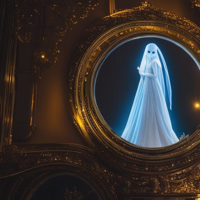 Sinister Shimmering Ghost in Detailed Mirror, Hyper-Realisti...