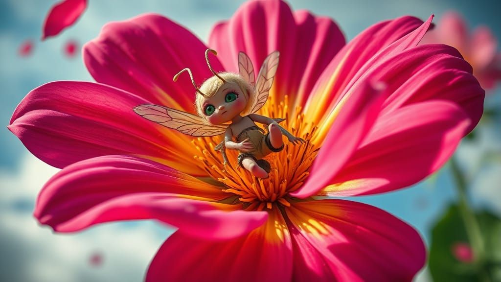 Hyperrealistic Girl-Bee Hybrid in Vibrant Floral Paradise