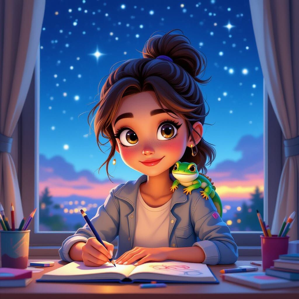 Girl Sketching Fantasy Creature in Starry Room