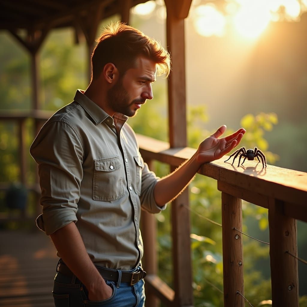 Man Anxiously Talks to Spider in Golden Light