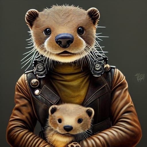 Steampunk Otter with Young, in Rococo Style