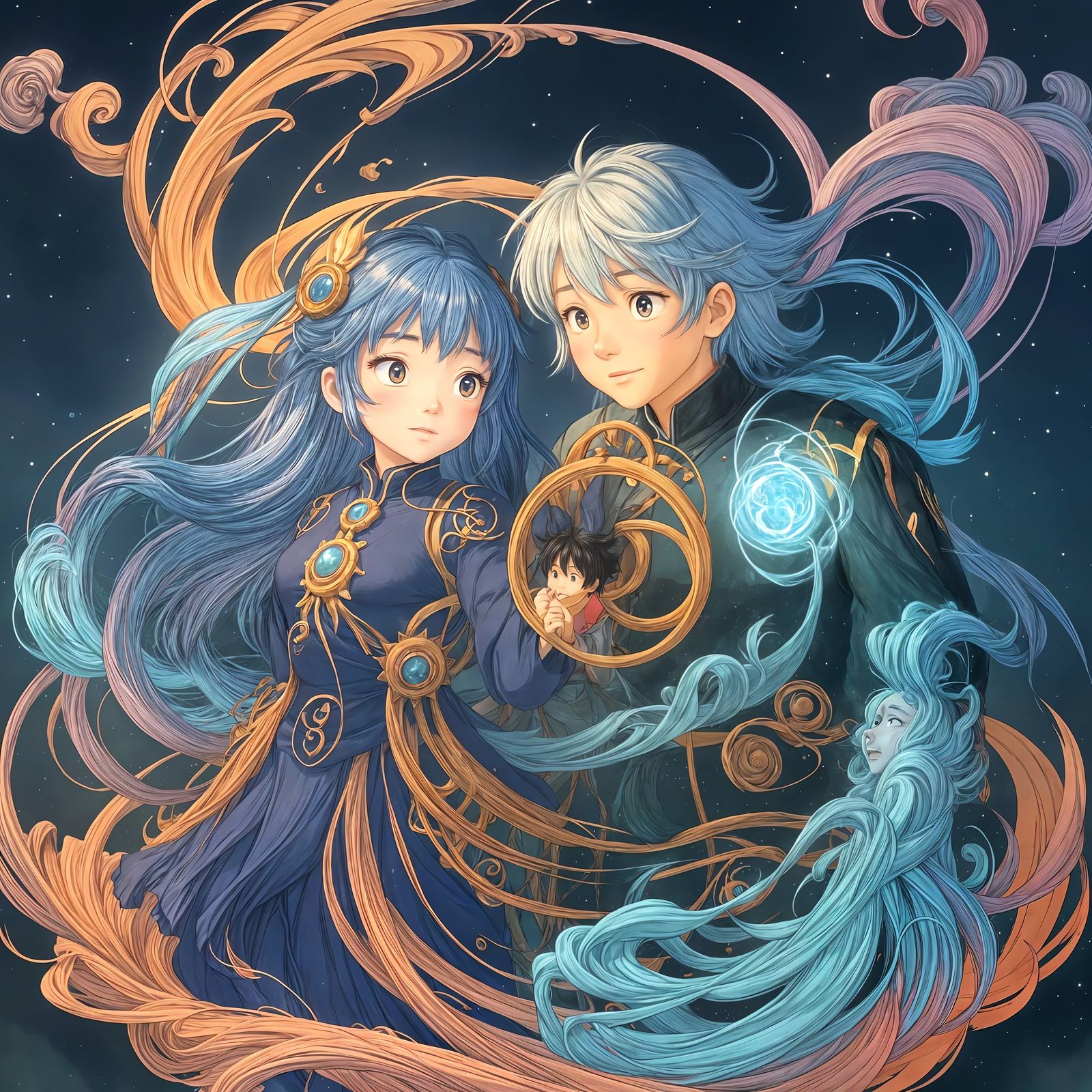 Couple with Magical Smoke Wisps in Miyazaki Style