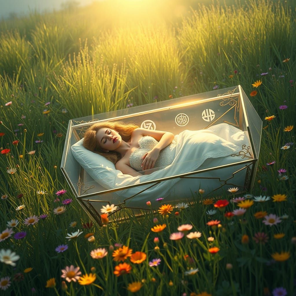 Sleeping Beauty in a Glass Coffin Amidst Vibrant Wildflowers