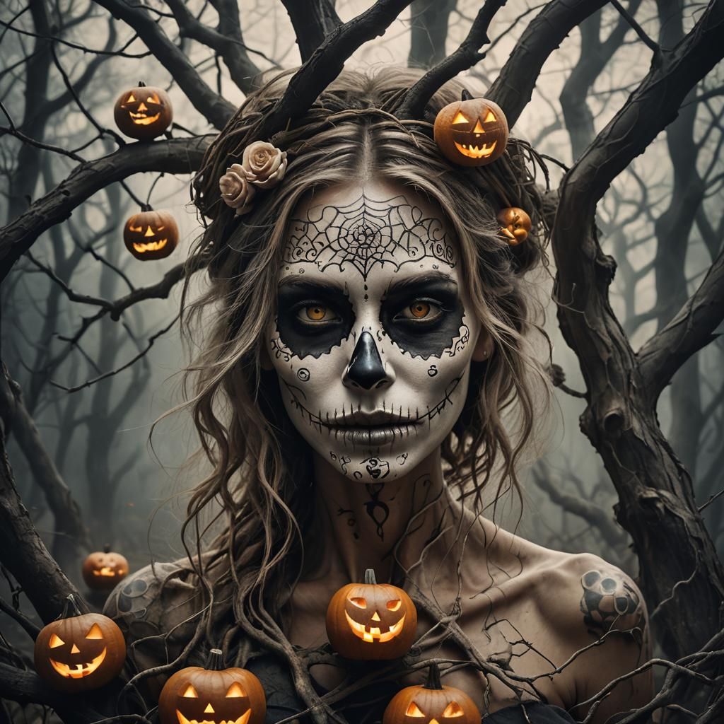 Hauntingly Beautiful Face with Glowing Sugar Skull Tattoo